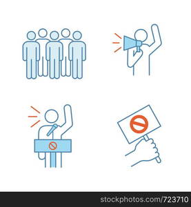 Protest action color icons set. Meeting, protester, protest banner, speech. Isolated vector illustrations. Protest action color icons set