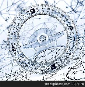 Protractor on the background of mathematical formulas and algorithms
