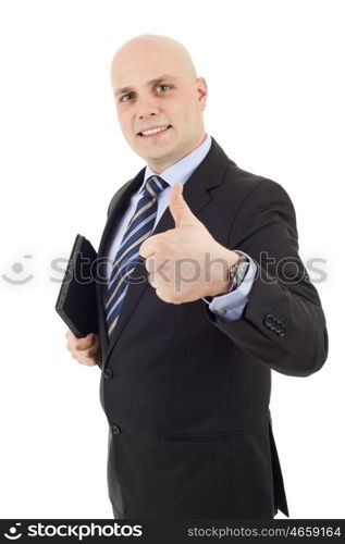 proud businessman with a tablet pc going thumb up, isolated