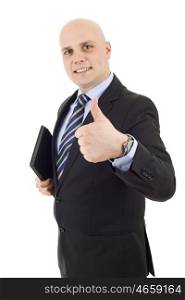 proud businessman with a tablet pc going thumb up, isolated