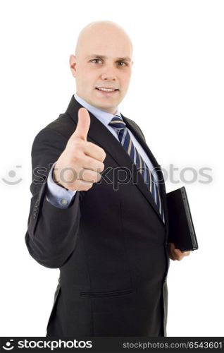 proud businessman with a tablet pc going thumb up, isolated. businessman