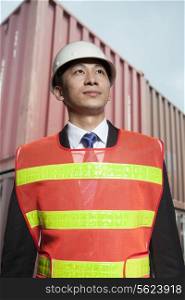 Proud engineer in protective workwear standing in a shipping yard