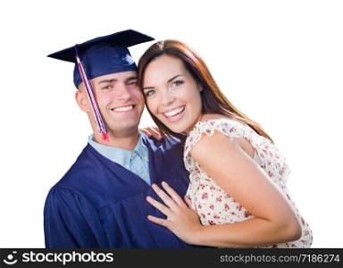 Proud Male Graduate In Cap and Gown with Pretty Girl Isolated on White