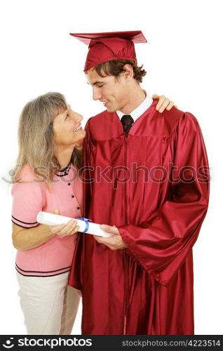 Proud mother congratulates her son on his graduation. Isolated on white.