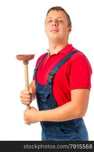 proud plumber with a rubber plunger on a white background