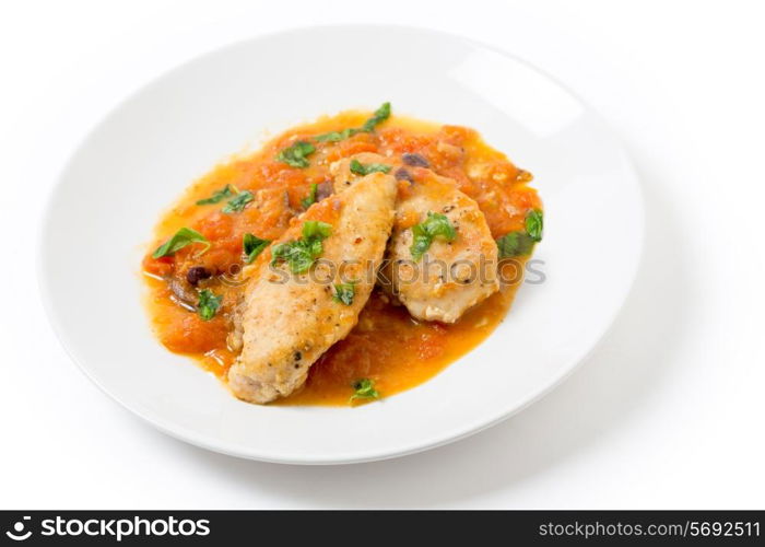 Provencal chicken breasts, a simple French classic of floured fried chicken and a tomato, garlic, anchovy, wine and herbs.