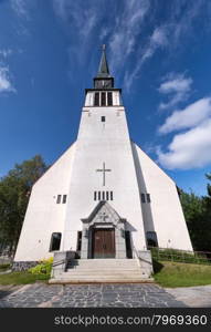 Provincial Catholic church in the north of Scandinavia. Wide-angle shot.