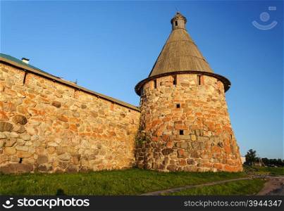 Pryadilnaya (Spinning) tower of the Solovetsky (Spaso-Preobrazhensky) monastery on Solovki (Solovetsky archipelago), sunset. UNESCO World Heritage Site.