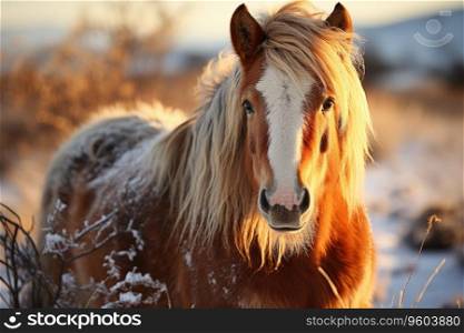 Przewalskis horse portrait v winter time in mongolia.