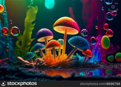 Psychedelic Decorative mushrooms.  Image created with Generative AI technology
