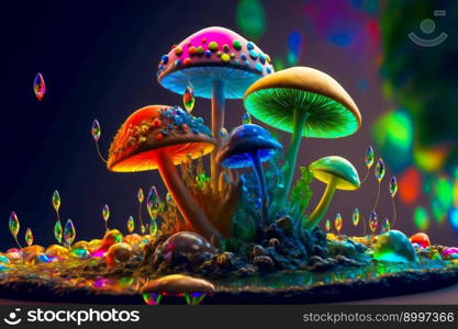 Psychedelic Decorative mushrooms.  Image created with Generative AI technology 