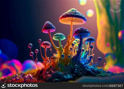 Psychedelic Decorative mushrooms.  Image created with Generative AI technology 