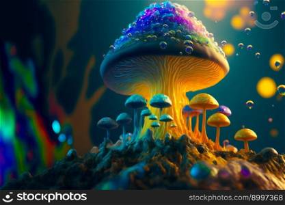 Psychedelic Decorative mushrooms.  Image created with Generative AI technology
