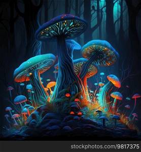 Psychedelic Decorative mushrooms. Image created with Generative AI technology. Generative AI Illustration.