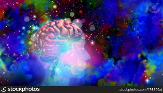 Psychedelic drug or psychedelics hallucinogenic drugs and hallucinogens representing states of consciousness and psychology or psychological hallucinating by taking mind altering substances in a 3D illustration style.