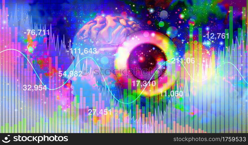 Psychedelics investment and psychedelic drug investing or hallucinogenic drugs industry or hallucinogens representing the business of mind altering substances in a 3D illustration elements.