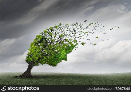 Psychological trouble and mental health adversity crisis as a tree shaped as a human head being torn or stressed by strong winds as a psychiatry or psychology icon with 3D illustration elements.