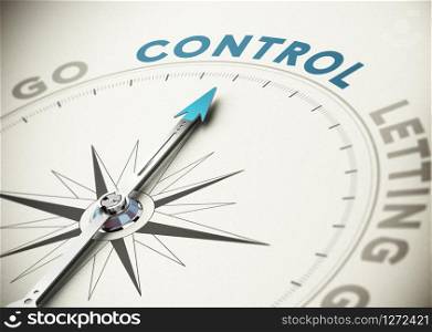 Psychology concept. Compass needle pointing the word control with blue and beige tones.. Self Control