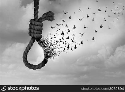 Psychology of suicide and suicidal severe depression therapy as a mental illness health concept as a noose transforming to hope as a surreal idea of psychiatry in a 3D illustration style.. Psychology Of Suicide