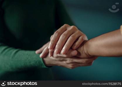 PTSD Mental Health, Encouraging Concept. Touching with Comfortable Hand to Helping a Depressed Person feel better