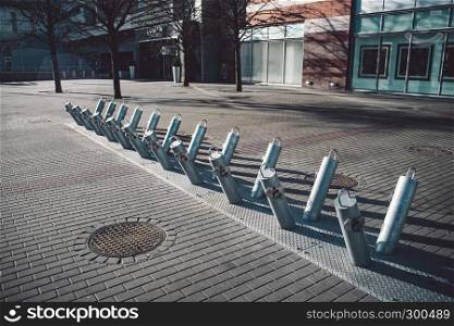 Public bike parking with no bicycles at Warsaw, Poland