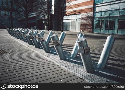 Public bike parking with no bicycles at Warsaw, Poland