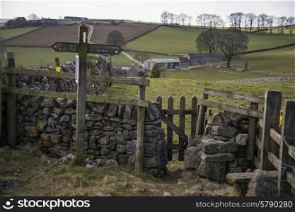 Public footpath signposts in landscape in Peak District UK