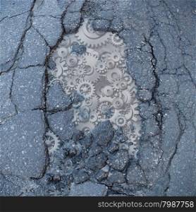 Public works and transportation concept as a broken asphalt road with gears and machine cog wheels as a metaphor and symbol for city and government administration of taxpayer services.