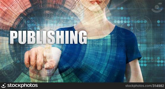 Publishing Technology With Woman Pressing on Screen. Woman Accessing Publishing