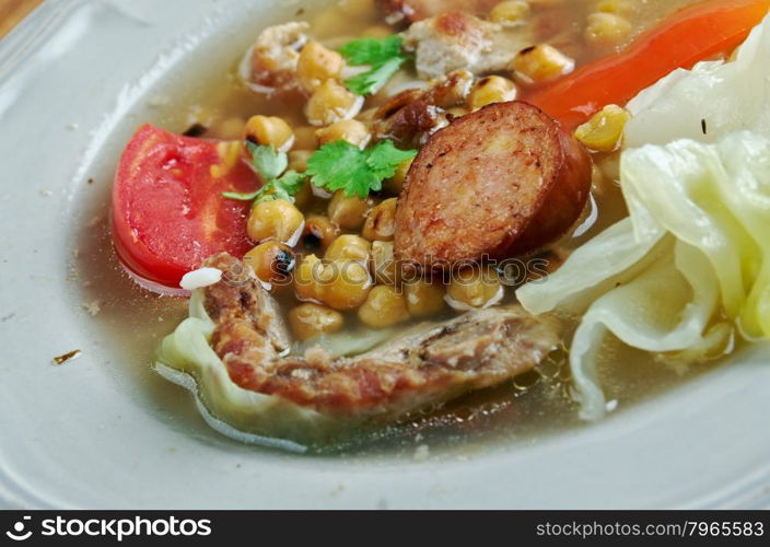 Puchero - stew originally from Spain, prepared inMexico, Argentina, Colombia, Paraguay, Uruguay. basic ingredients of the broth are meat ,chickpeas, cabbage