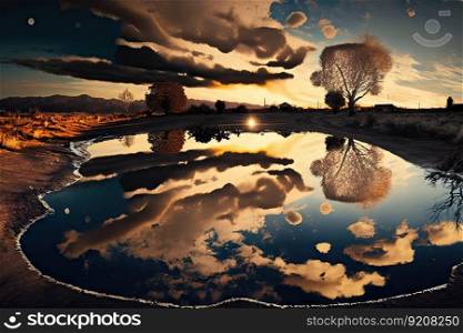 puddle with reflections of the surrounding scenery and sky, created with generative ai. puddle with reflections of the surrounding scenery and sky
