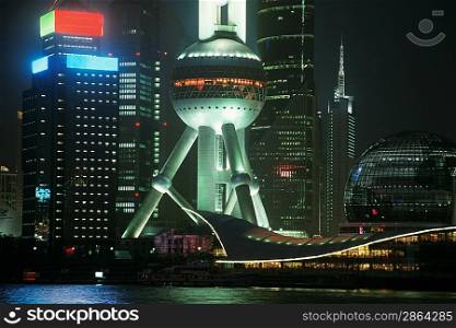 Pudong Oriental Pearl Tower at night in Shanghai China