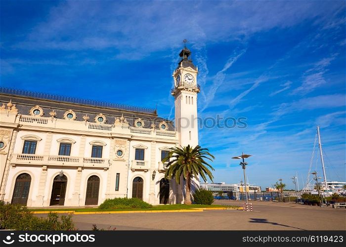 Puereto de Valencia port with clock tower building in Spain