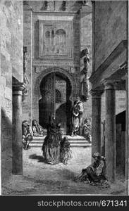 Puerta del Perdon at the Cathedral of Seville, vintage engraved illustration. Le Tour du Monde, Travel Journal, (1865).