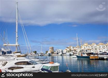 Puerto Banus holiday resort marina on Costa del Sol in Spain, southern Andalusia region, Malaga province.