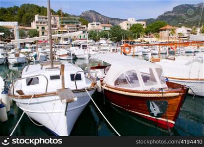 Puerto de Soller Port of Mallorca with lllaut boats in balearic island