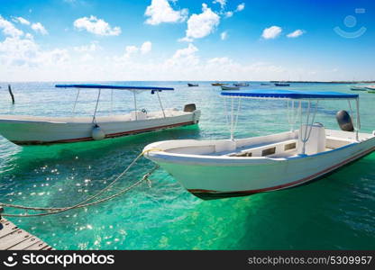 Puerto Morelos beach boats in Mayan Riviera Maya of Mexico