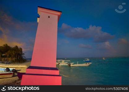 Puerto Morelos sunset bent lighthouse in Riviera Maya of Mayan Mexico