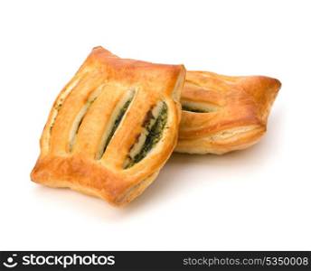 Puff pastry isolated on white background. Healthy pasty with spinach.