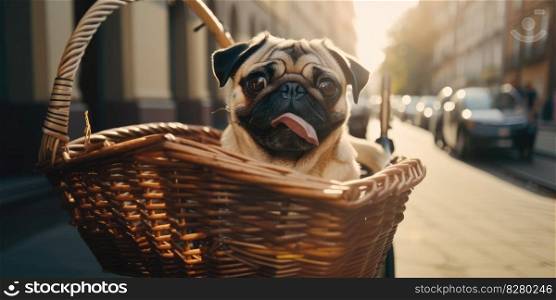 Pug dog have fun bicycle ride on sunshine day morning in summer on town street