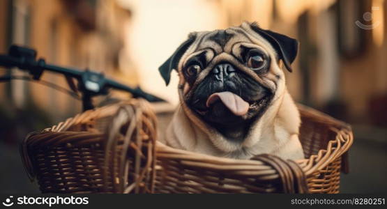 Pug dog have fun bicycle ride on sunshine day morning in summer on town street