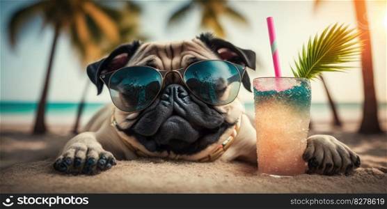 Pug dog is on summer vacation at seaside resort and relaxing rest on summer beach of Hawaii