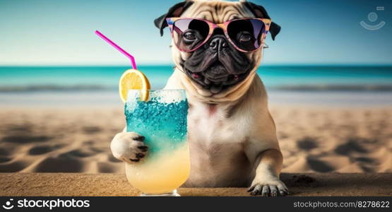 Pug dog is on summer vacation at seaside resort and relaxing rest on summer beach of Hawaii