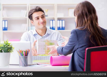 Pulisher discussing book order with customer. Publisher discussing book order with customer