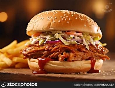 Pulled beef pork burger with fries and barbeque sauce on table.AI Agenerative