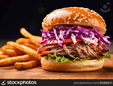 Pulled beef pork burger with fries and coleslaw on table.AI Agenerative