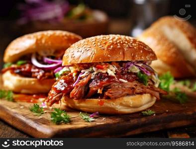 Pulled beef pork burgers with salad and barbeque sauce on table.AI Agenerative