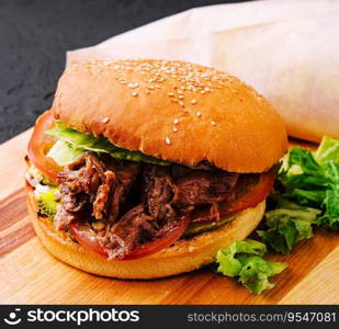 Pulled pork burger with french fries