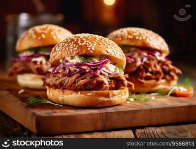Pulled pork burgers with vegetables and barbeque sauce on table.AI Agenerative