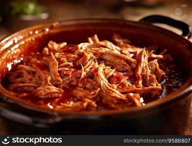 Pulled shredded beef pork meat with barbeque sauce.AI Agenerative